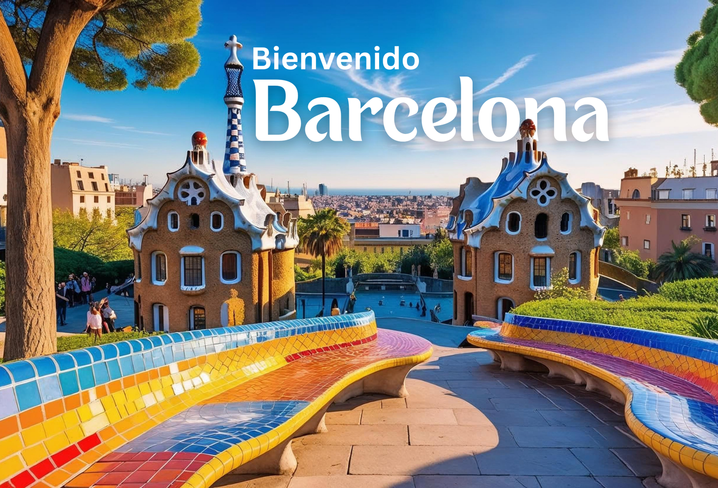 Colorful mosaic bench with Gaudi architecture and 'Bienvenido Barcelona' text.