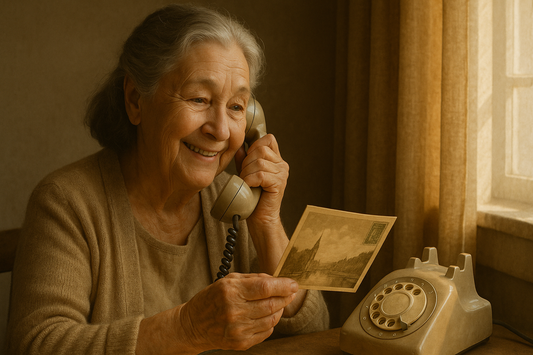 Senior reading postcard while talking on the phone