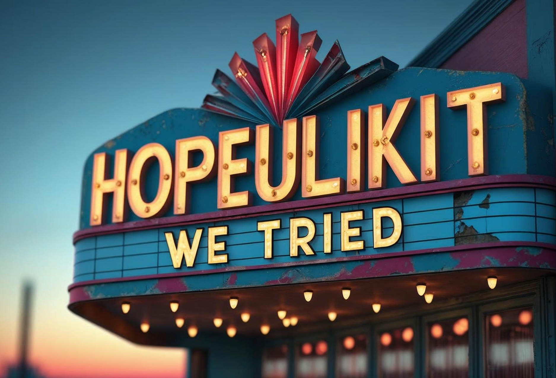 Postcard of Neon sign with 'HOPEULIKIT WE TRIED' text against a twilight sky.