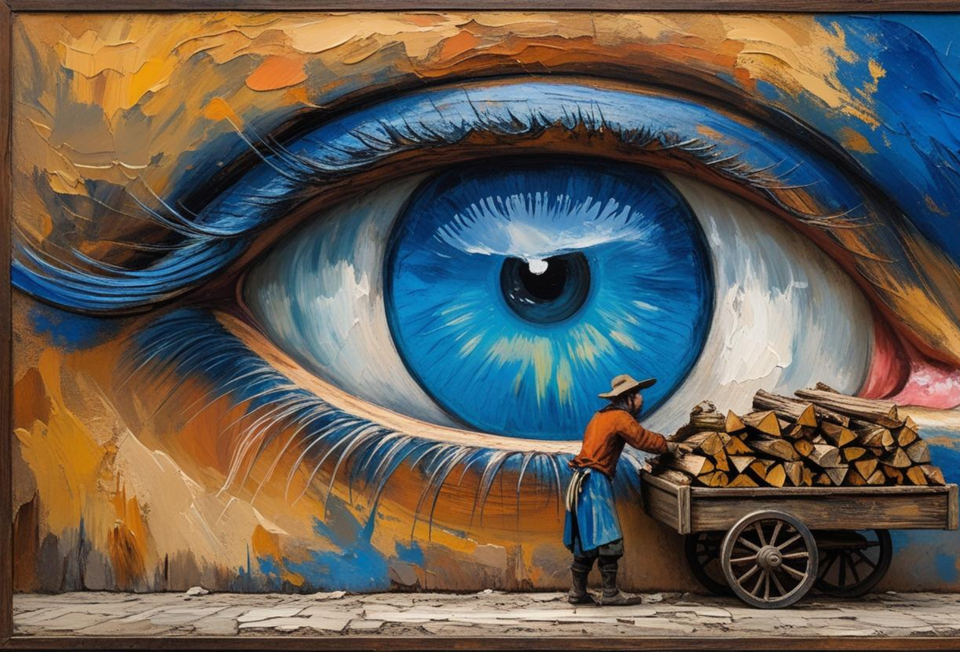 Postcard Large stylized eye with a person pushing a cart of wood in front
