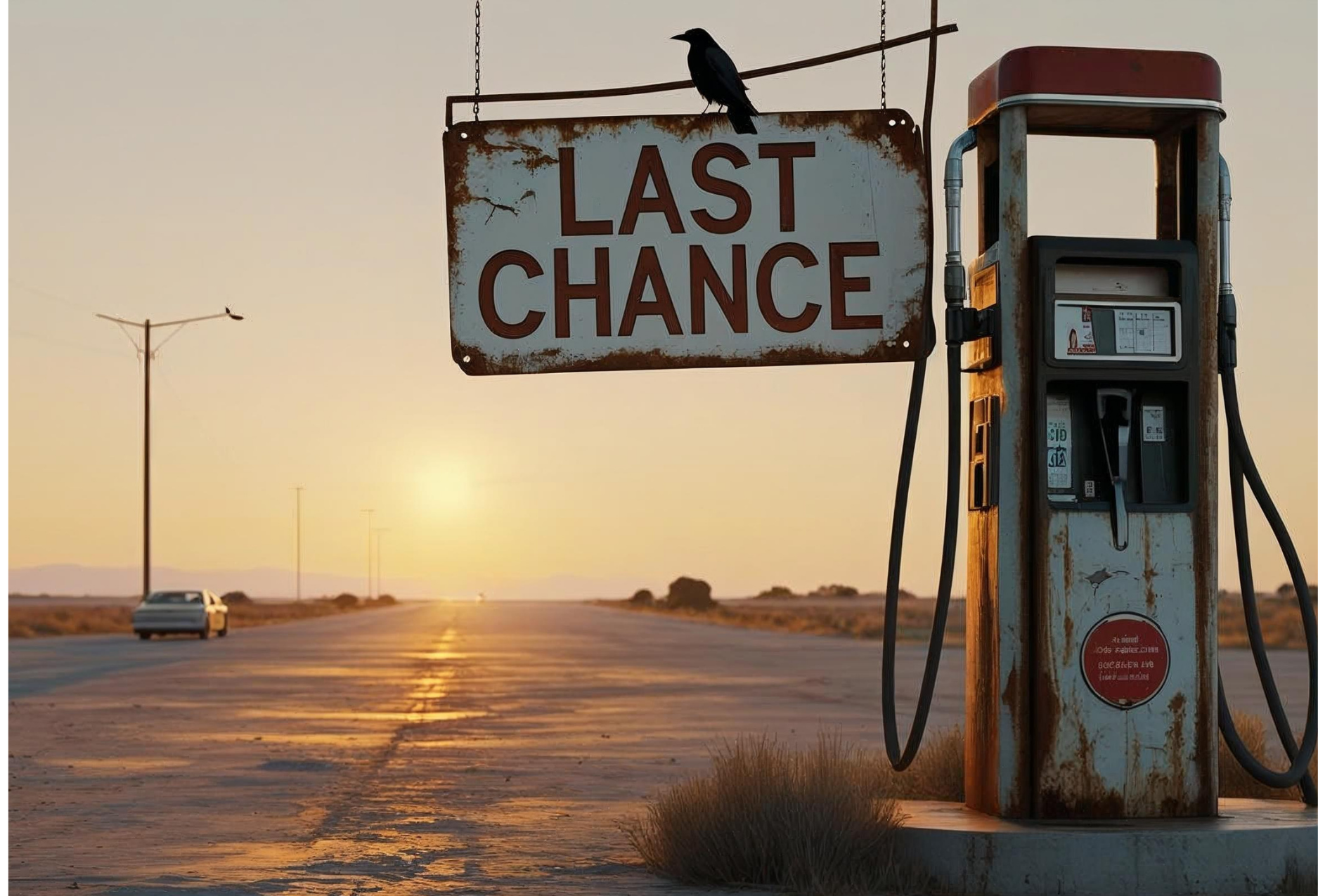 Postcard Rustic gas pump with 'Last Chance' sign on a desert road at sunset.