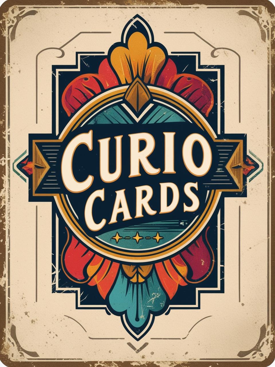 Decorative sign with 'Curio Cards' text and colorful design on a beige background