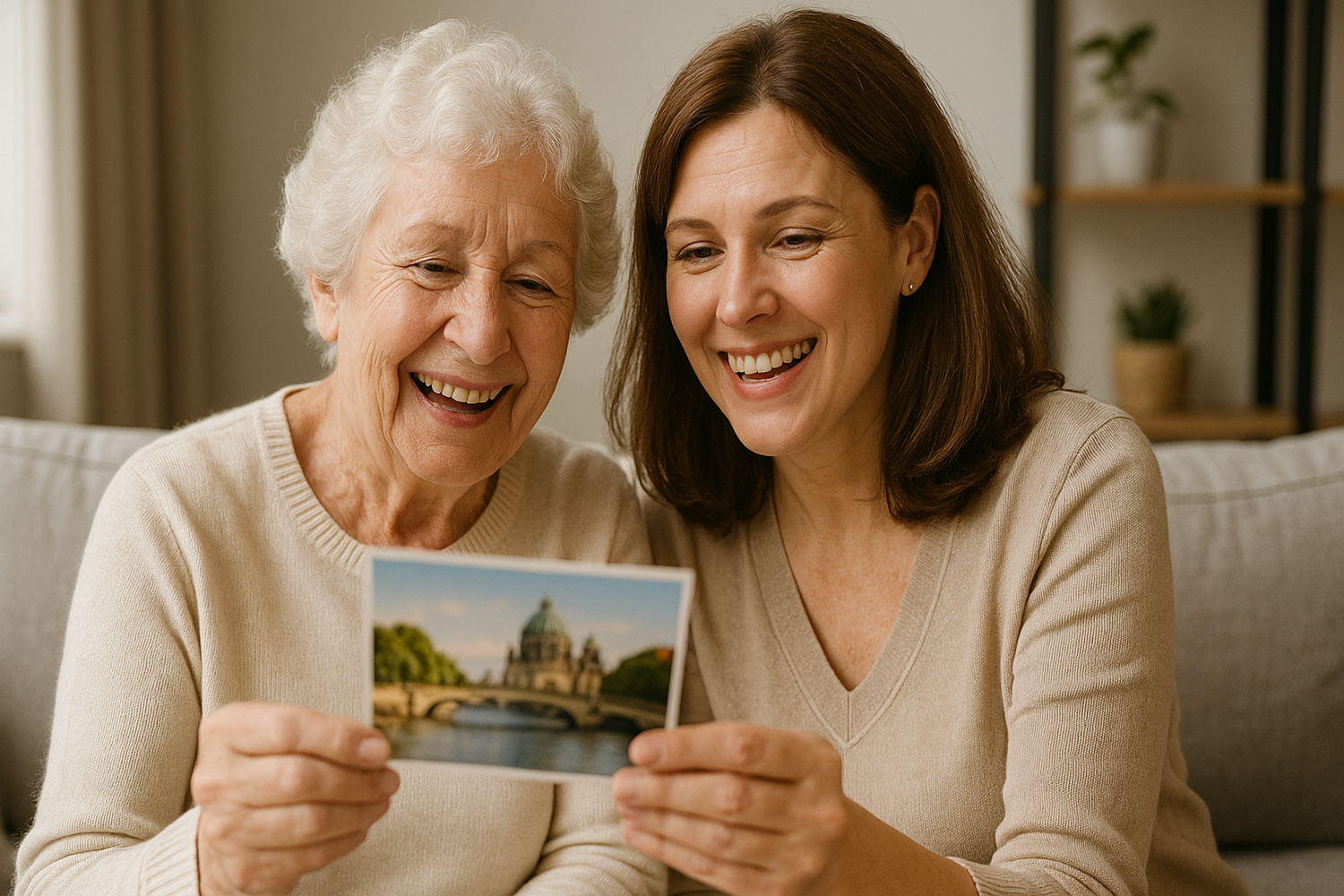 Woman and elderly woman holding a postcard ogether in a cozy living room.